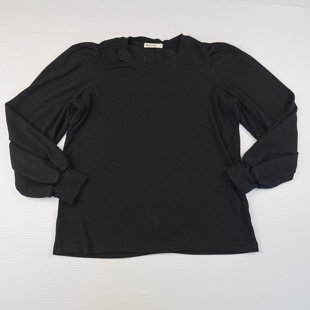 Marine Layer Shirt Womens Small Black Puff Long Sleeve Ribbed Crewneck Top